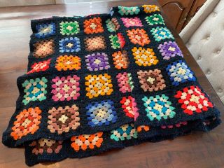 Vintage 1970’s Granny Square Crochet Knit Afghan 72x51” Throw - Boho Multi Color