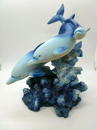 Vintage Blue Dolphin Family Swimming In Shimmering Coral Reef Figurine Statue