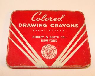Vintage Colored Drawing Crayons Binney & Smith Co Square Red White Tin Container