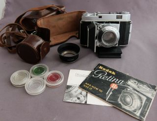 Vintage Kodak Retina Iia 35mm Film Rangefinder Camera,  Case Hood Filters Book