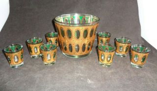 Vtg Mid Century Modern Gold Leaf & Green Glass Ice Bucket Eight Shot Glass Set