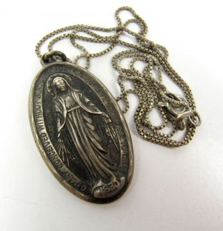 Large Sterling Silver Religious Miraculous Virgin Mary Medal 20 " Necklace Vtg