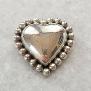 Vintage Taxco Mexico 925 Sterling Silver Silver Puffy Heart Brooch 16 Gr
