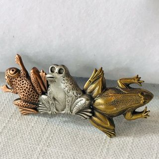 Vtg Frog Brooch Pin Mixed Metal Copper Brass Silver Tone Stamped 3 D Layered