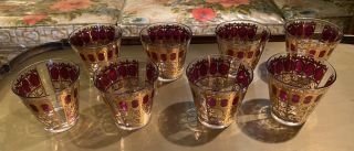8 Vintage Culver 22kt Gold Cranberry Red Low Ball Glasses Mid Century Modern Mcm