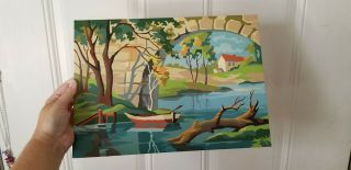 Vintage 1950s Paint By Number Painting Row Boat Stone Bridge Autumn Fall Scene