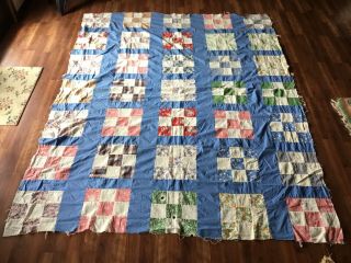 Vintage 1940s 50s Nine Patch Quilt Top 68x85 Muslin Feed Sack