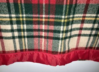 Vintage 1950s Twin/Full Wool Blanket Red Green Plaid Satin Binding 70x80 2