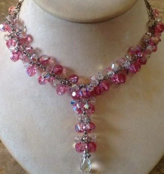 Vintage Pink Aurora Borealis & Clear Glass Crystal Cluster Drop Pendant Necklace