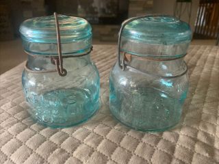 2 Vintage Atlas E - Z Seal Blue Pint Canning Jar With Glass Lid And Wire Bale 5”