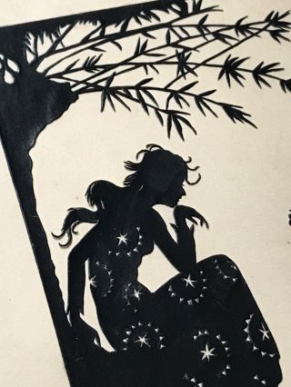 Antique Silhouette Paper Cut Out With Woman Fairy/nymph Crown Pond Stars Framed