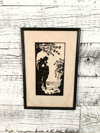 Antique Silhouette Paper Cut out with woman Fairy/Nymph Crown pond stars framed 3