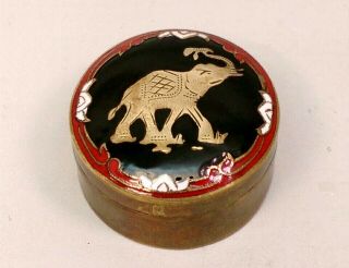 Vintage Siam Brass Cloisonne Enameled Trinket Box Elephant Good Fortune 1.  5 "