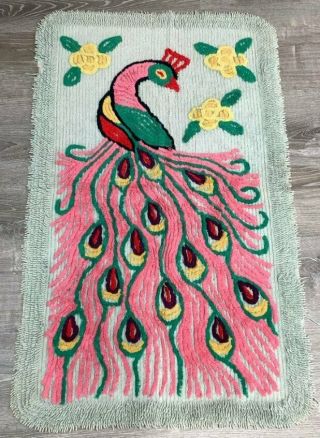Cottage Vintage Peacock Chenille Bath Mat Rug Pink Green