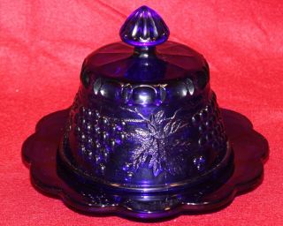 Vintage Mosser Cobalt Blue Grape & Cable Round Covered Butter Cheese Dish Large