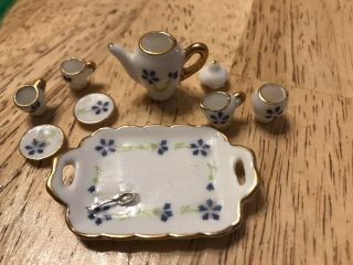 Vintage Dollhouse Miniature 1:12 Tray W Teapot & Tea Set.  White Blue Floral Gold