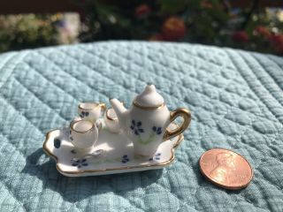 Vintage dollhouse miniature 1:12 Tray W teapot & tea set.  White Blue Floral Gold 2