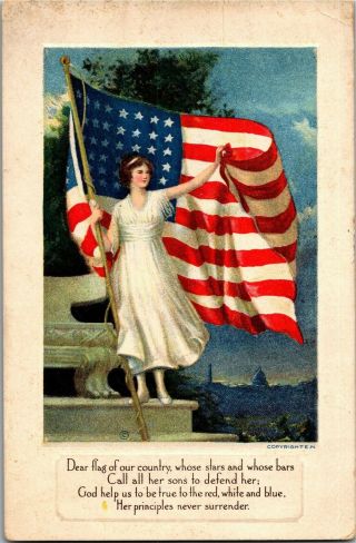 Patriotic Woman With U.  S.  Flag,  Dear Flat Of Our Country C1918 Vtg Postcard F26
