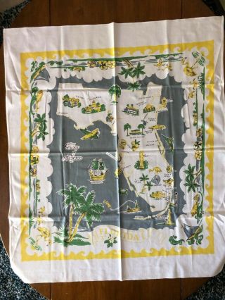 Vintage 1950s Florida State Map Souvenir Tablecloth Square - Ish Matching Napkins