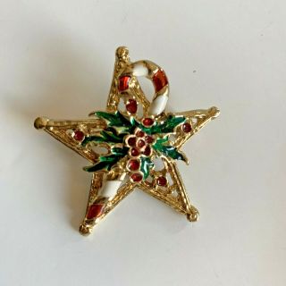 Vintage Star Pin Brooch 2 " Candy Cane Holly Christmas Red Gold Tone Dr2