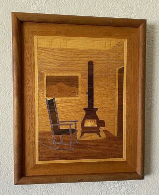 Framed Art Marquetry Inlay Mixed Wood Cabin Scene 12 " X 15 " Vintage