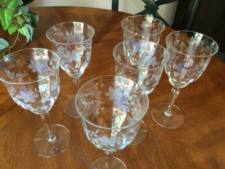 Six (6) Vintage Etched Floral Optic Paneled Wine Water Goblets 7 7/8 "