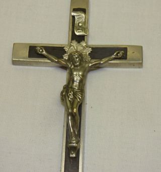 Vtg Catholic Nun Priest 7 " Pectoral Crucifix Skull Crossbones Metal W Wood Inlay