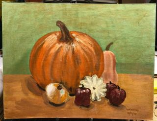 Vtg 1970 Acrylic/canvas Signed Autumn Fall Still Life Painting Pumpkin