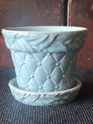 Vintage Mccoy Pottery Blue Quilted Leaf Flower Pot W/ Saucer