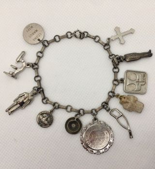 Vintage Sterling Silver Charm Bracelet 7 " Long 11 Charms Religious Medical Theme