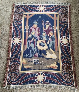 Vintage Nativity Christmas Tapestry Throw Blanket Goodwin Weavers 100 Cotton
