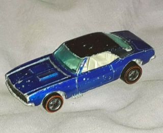 1967 Vtg Hot Wheels Redline Blue Custom Camaro Car Mattel Black Roof Hong Kong