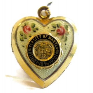 Vintage University Of Maryland Locket Guilloche Enamel Rose Gold Filled Charm