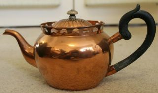 Vintage Copper Tea Pot With Wooden Knob And Handle - Decorative