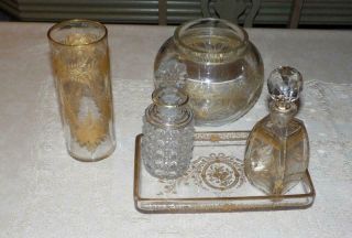 Gorgeous Vintage 6 Piece Clear Glass/gold Floral Etched Dresser Set Perfume,  Tray