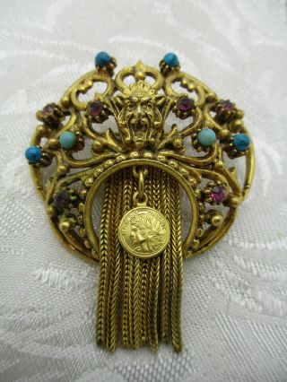 Vintage Estate Jewelry Signed Florenza Rhinestone Face Coin Turquoise Brooch Pin