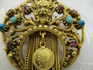 VINTAGE ESTATE JEWELRY SIGNED FLORENZA RHINESTONE FACE COIN TURQUOISE BROOCH PIN 2