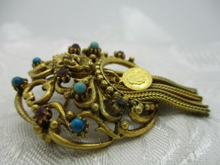 VINTAGE ESTATE JEWELRY SIGNED FLORENZA RHINESTONE FACE COIN TURQUOISE BROOCH PIN 3