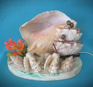 Fabulous Vintage Large Conch Shell Souvenir Lamp With Sea Shell Ship