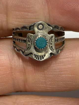 Vintage Sterling Silver Native American Navajo Thunderbird Ring With Turquoise