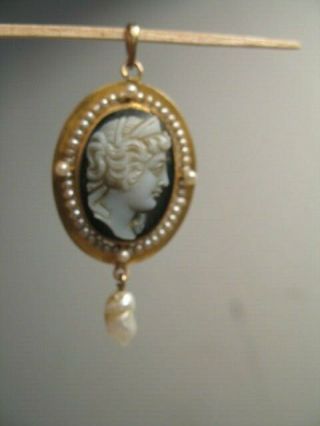 Vintage 10k Gold Carved Cameo & Seed Pearl Lavalier Pendant