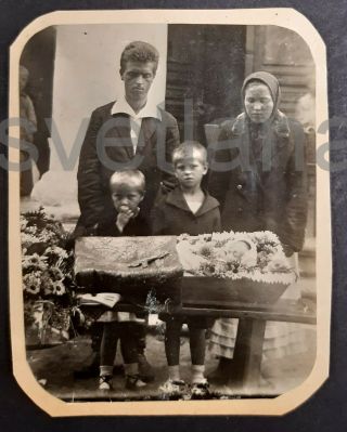 1930s Funeral Of Child Dead Coffin Post Mortem Baby Family Soviet Vintage Photo