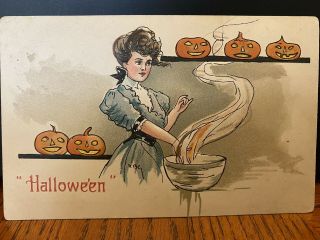 Vintage 1910 Halloween Postcard Women Cooking With Jack O Lanterns Around Her,  P