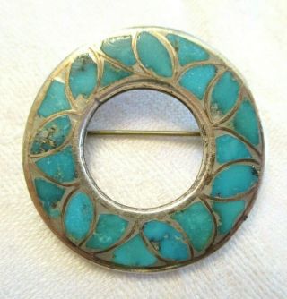 Dishta Vintage Old Pawn Sterling Silver & Turquoise Inlay Circle Pin / Pendant