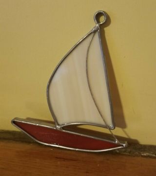 Vintage Stained Glass Sail Boat Sun Catcher Red White Metal Hanging