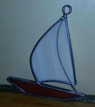Vintage Stained Glass Sail Boat Sun Catcher Red White Metal Hanging 2