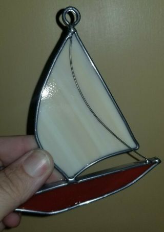 Vintage Stained Glass Sail Boat Sun Catcher Red White Metal Hanging 3