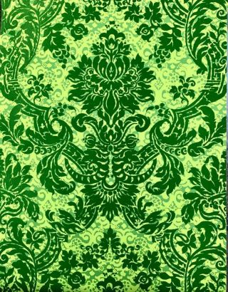 1970s Vintage Flocked Green French - Style Baroque Wallpaper 9 Feet,  26 " Wide