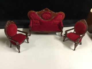Miniature Doll House Furniture Red VIctorian Style Couches and Chairs 2