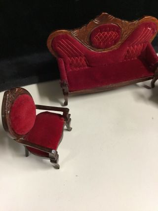 Miniature Doll House Furniture Red VIctorian Style Couches and Chairs 3